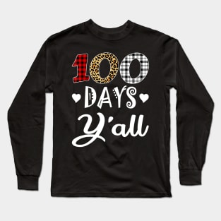 Buffalo Plaid Leopard 100 Days Y_all Funny 100th Day Long Sleeve T-Shirt